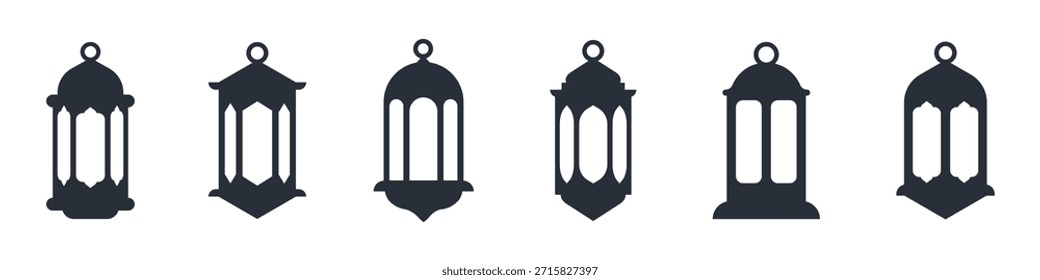 Colección de seis iconos de linterna estilizados, ideales para celebrar fiestas islámicas como Ramadán y Eid. Cuenta con diseños planos y minimalistas perfectos para proyectos de Web o impresión.