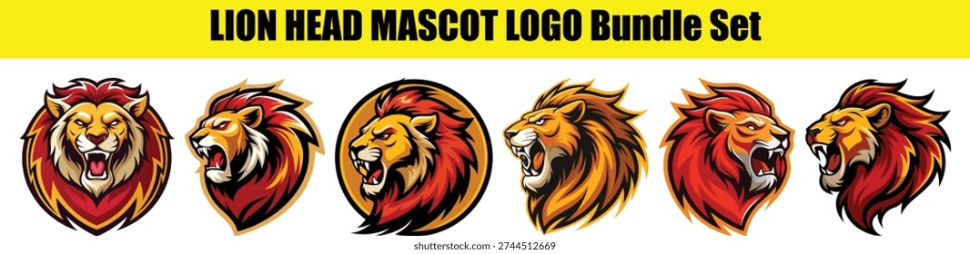 Collection of six stylized lion head emblems with roaring expressions and fiery manes isolated on transparent background