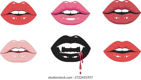 Eine Sammlung von sechs stilisierten Lippenillustrationen, darunter ein Vampirbiss mit Reißzähnen und Blut