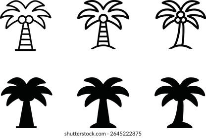 Una colección de seis íconos estilizados de palmeras, con tres en el contorno y tres en la silueta.