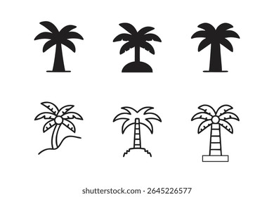 Uma coleção de seis ícones estilizados da palmeira, com ambas as silhuetas pretas sólidas.
