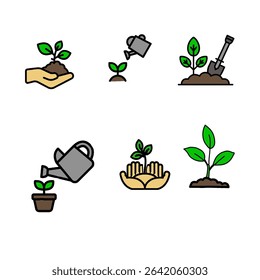Collection of six stylized plant images with simple black lines. Plants, soil and watering cans collection plant vector botanical illustration flat design icon set stock vector illustration