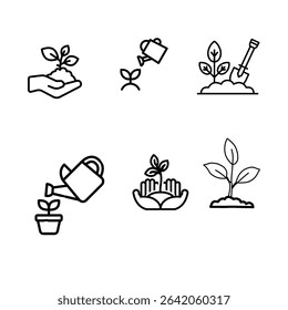 Collection of six stylized plant images with simple black lines. Plants, soil and watering cans collection plant vector botanical illustration flat design icon set stock vector illustration