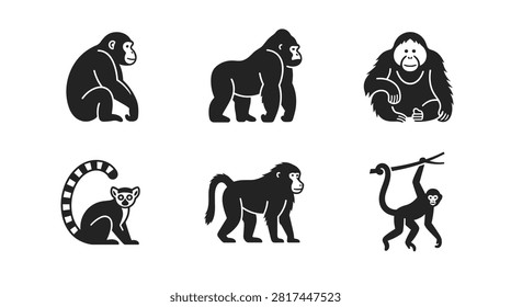 Collection of Six Stylized Primate Silhouettes Including Gorilla Orangutan Chimpanzee Lemur Baboon and Monkey