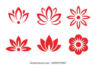 A collection of six stylized red lotus and flower icons, presented on a clean white background, suitable for various design applications.
