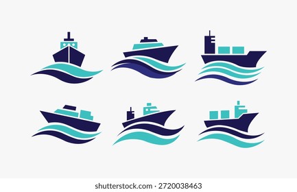 Colección de seis íconos estilizados de barcos de carga en embarcaciones de contenedores de agua