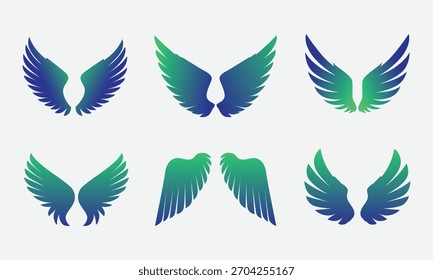Una colección de seis ilustraciones de alas estilizadas con un degradado azul y verde, presentadas sobre un fondo blanco. Estos diseños son adecuados para logotipos y Elementos gráficos.