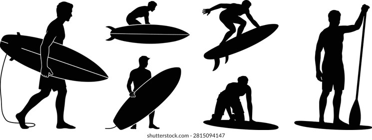 Collection of six surfing and paddleboarding vector silhouettes depicting surfers carrying boards, paddling, airborne maneuvers, kneeling, and stand-up paddleboarding for creative commercial use