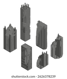 Uma coleção de seis edifícios altos em uma paisagem urbana. Os edifícios são todos cinzas e parecem estar em mau estado. A cena é de decadência e negligência. Vista isométrica. 3D