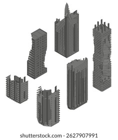 A collection of six tall ruined buildings in a cityscape. The buildings are all different heights and shapes, with some being taller than others. Scene one of urbanization and growth. Isometric view
