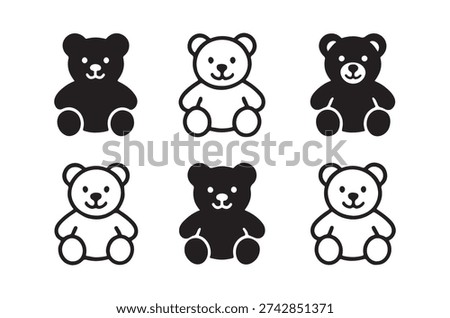 A collection of six teddy bear icons displayed in black and white, offering a charming and minimalist aesthetic.