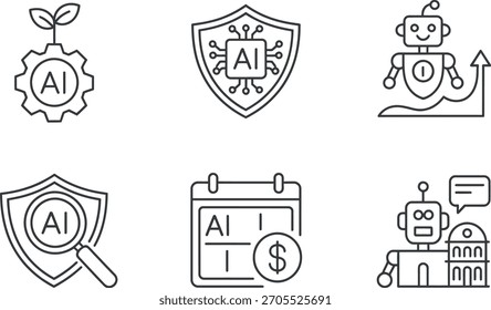 A collection of six thin line icons representing various aspects of artificial intelligence, machine learning, and technology integration in business and security.