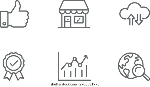 Uma coleção de seis ícones de linha fina que representam os principais conceitos de negócios, como aprovação, armazenamento, dados em nuvem, prêmio de qualidade, gráfico de crescimento e pesquisa global de design da Web.
