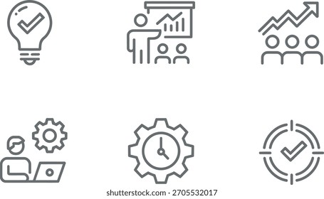 A collection of six thin line icons representing key business concepts like idea, presentation, growth, work, time management, and target achievement, perfect for reports.