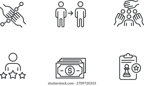 Una colección de seis íconos de línea delgada que representan conceptos de negocio como trabajo en equipo, intercambio, Asistencia, calificación, dinero y logros, perfecto para presentaciones corporativas.