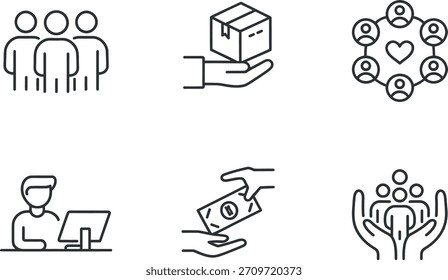 Colección de seis íconos de línea delgada que representan conceptos como trabajo en equipo, donación, trabajo en línea, donaciones, Asistencia y conexión social para caridad o negocios.