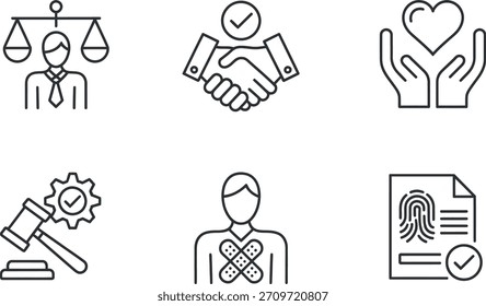 A collection of six thin line icons depicting core concepts like justice, agreement, care, regulation, human resource, and identity verification for business ethics.