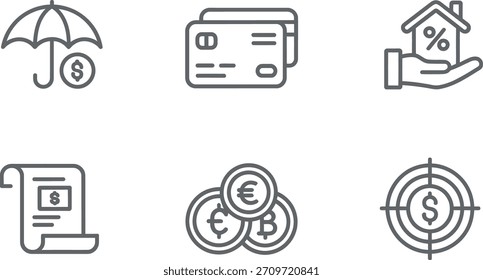 Uma coleção de seis ícones de linha fina que representam vários conceitos financeiros, como seguro, cartão de crédito, hipoteca, documento, moeda e meta para apresentação de negócios.