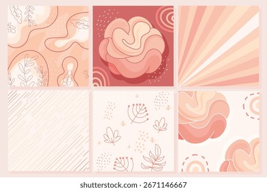 Uma coleção de seis fundos abstratos na moda em uma paleta pastel suave. Apresenta rabiscos botânicos desenhados à mão, formas de fluido orgânico e padrões geométricos simples. Ideal para posts em mídias sociais.