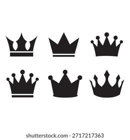 A collection of six unique black crown silhouettes displayed in a flat vector style on a white background. These royalty-themed icons are perfect for logo design, heraldry, invitations, or branding materials. Ideal for use in both personal and commercial graphic design projects.
