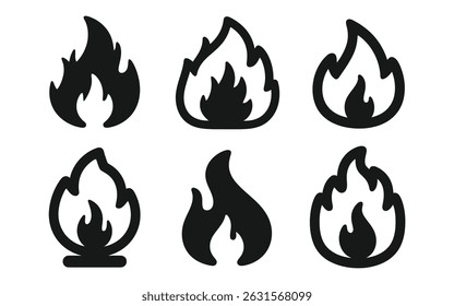 Colección de seis íconos de llama negros únicos, perfectos para proyectos de diseño que necesitan símbolos de fuego o calor.