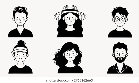 A collection of six unique, black and white, hand-drawn avatar illustrations featuring diverse individuals with various hairstyles and accessories.