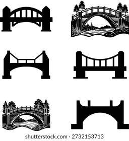 Sammlung von sechs einzigartigen Brückenillustrationen in Silhouette. Beinhaltet gewölbte Brücken, Hängebrücken und Steinbrücken, einige mit malerischen Hintergründen aus Wasser und Bäumen. Architektonische Elemente und Outdoor-Landschaften sind dargestellt.