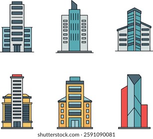 A collection of six unique buildings showcases diverse architectural styles, featuring bold colors and clean lines, creating an urban atmosphere.