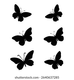 A collection of six unique butterfly silhouettes are presented in black against a clean white backdrop, conveying simplicity and sophistication.