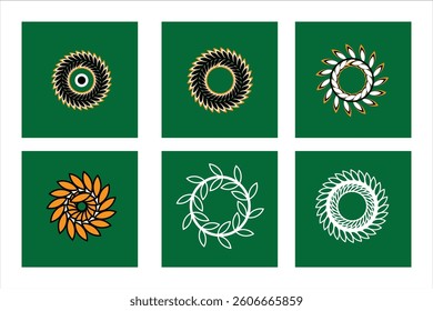 Collection of six unique circular wreath designs with geometric and floral patterns on a green background. Ideal vector art for creative projects.