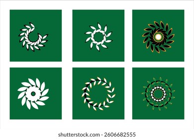 Collection of six unique circular wreath designs with geometric and floral patterns on a green background. Ideal vector art for creative projects.