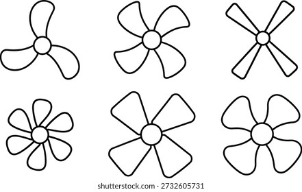 Eine Kollektion von sechs einzigartigen Schaufelblättern- oder Propellerdesigns mit jeweils unterschiedlichen Formen und Konfigurationen.
