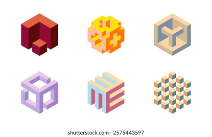 Collection of six unique isometric 3D cube designs in pastel and warm tones. Perfect for backgrounds, branding, tech, and modern design projects.