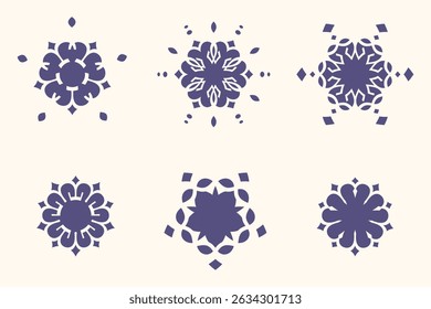 A collection of six unique purple snowflake designs isolated on a clean white background. These decorative elements are perfect for winter, Christmas, or holiday-themed projects