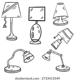 Una colección de seis lámparas de mesa y escritorio únicas, dibujadas a mano en un estilo de línea de arte doodle. Con tonos clásicos, bases ovaladas modernas y lámparas de oficina ajustables. Aislado sobre fondo blanco, perfecto para conceptos de diseño de interiores, iconos de decoración del hogar o ilustraciones de atmósfera acogedora.