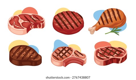 Collection of six various grilled meat items including steak beef burger patty and chicken leg with rosemary garnish.