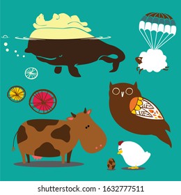 A collection of six vector animals on a green background, in the style of satirical illustrations