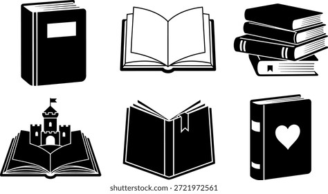 Una colección de seis siluetas de libros de Vector, incluyendo una pila de libros, un libro abierto y un libro con un corazón