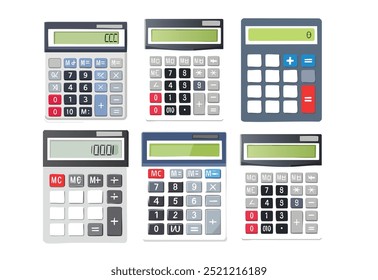 A collection of six vector calculators featuring different designs, number buttons, and digital displays. Ideal for math, finance, business, and office-related calculations.