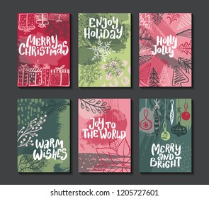 Collection of six vector Christmas cards. Greeting card set with hand drawn xmas tree, presents, deer, florals, abstract texture elements. Includes holiday handwritten lettering. 