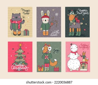 Collection of six vector Christmas cards with hand drawn funny animals, snowflakes and abstract texture. Includes holiday handwritten lettering. Posters set.