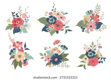 Collection of six vector compositions of colorful lowers. Elegant floral romantic bouquets