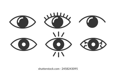 Collection Of Six Vector Eye Icons In Black And White, Showcasing Various Styles And Expressions, Vector Illustration