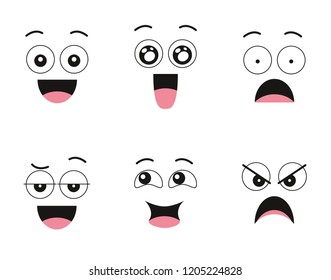 Collection of six vector faces with different emotions (expressions)