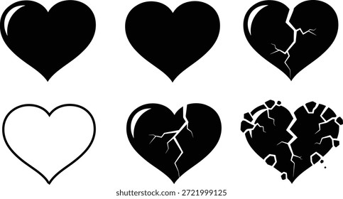 Eine Kollektion von sechs Vektorherz-Silhouetten, einschließlich gebrochener und gebrochener Designs, für verschiedene Grafikdesign-Projekte.
