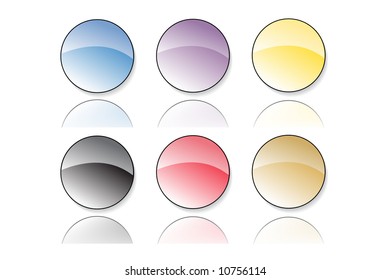 Collection of six vector illustrated glassy looking buttons.