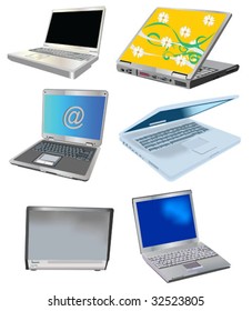 A collection of six vector illustration different laptops isolated on white background