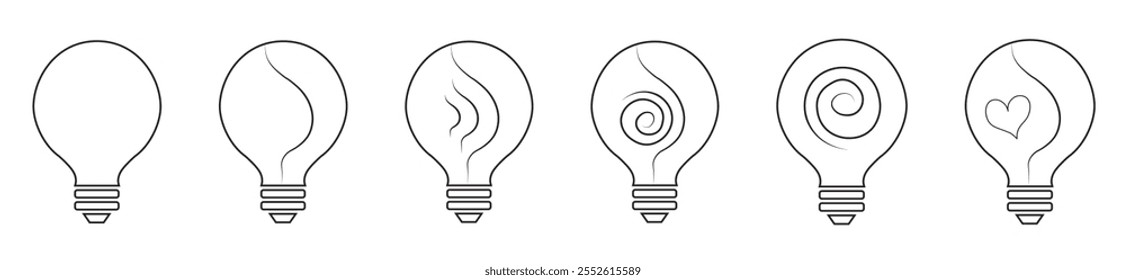 Collection of six vector light bulb designs showing various artistic patterns and shapes in a minimalist style. Black light bulb outline on a transparent background.