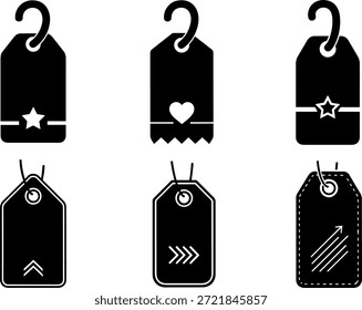 Eine Sammlung von sechs Vektorgepäck-Tag-Silhouetten mit verschiedenen Symbolen für Design-Verwendung