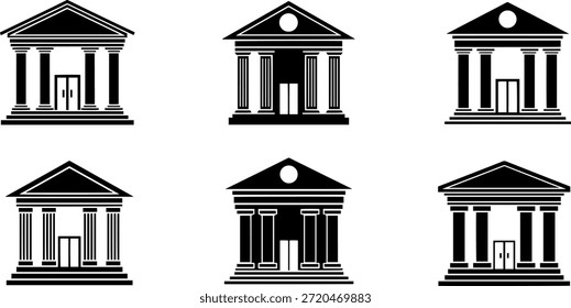 Una colección de seis fachadas de construcción de siluetas de Vector para proyectos de diseño y arquitectura, ideal para ilustraciones y uso de Diseño gráfico.